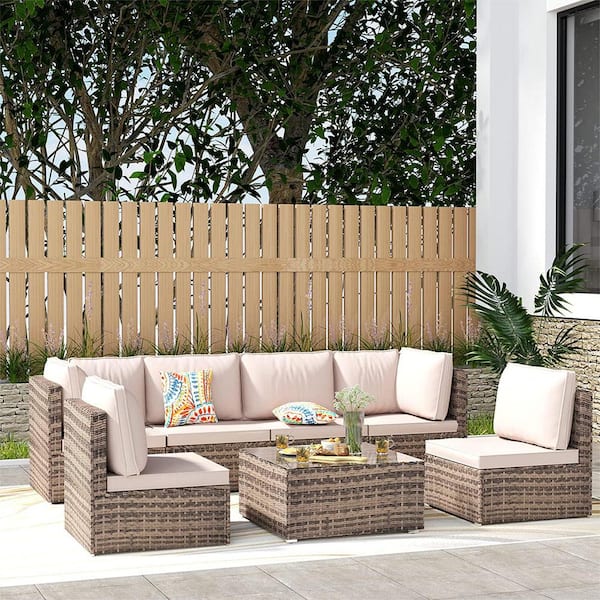 Cesicia Brown 7-Piece Wicker Outdoor Sectional Set with Kihaki Cushions and Coffee Table