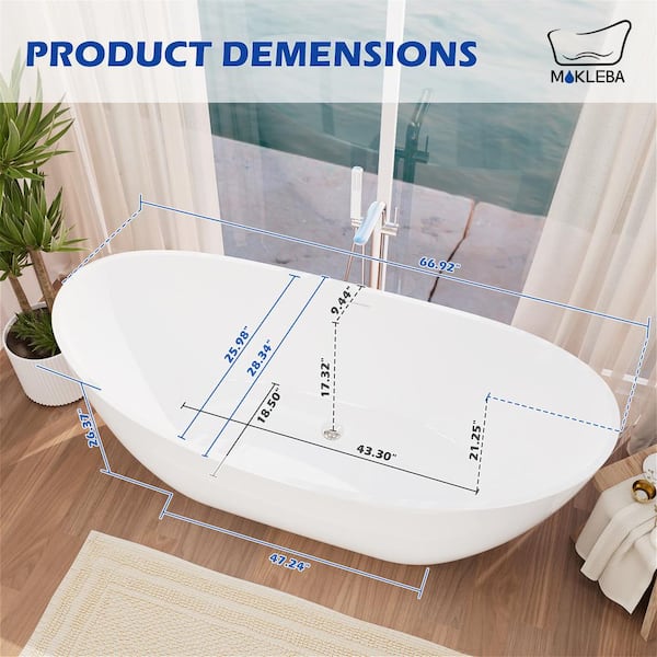 67 in. Double Slipper Acrylic Freestanding Flatbottom Bathtub with Polished Chrome Drain Soaking Tub in White