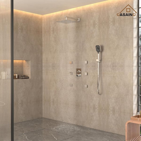 6-Spray Thermostatic Dual Shower Heads 12 in. Wall Mount Fixed and Handheld Shower Head 2.5 GPM with 6-Jets in Chrome