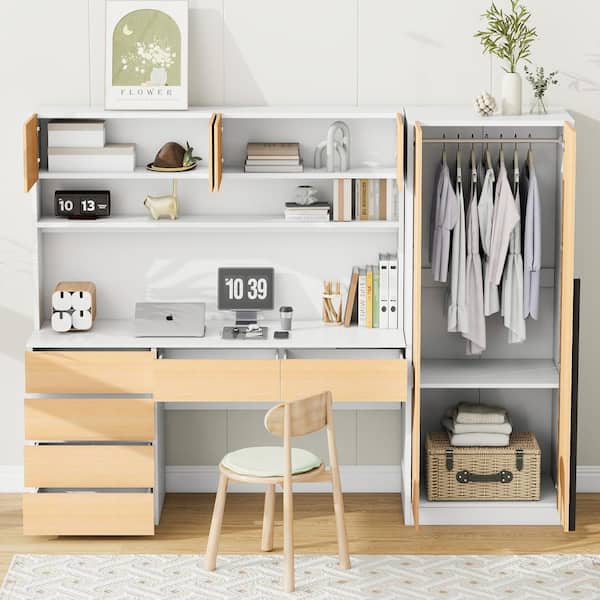 Harper & Bright Designs Natural 90.9 in. 2-Doors Wood Wardrobe Armoire with Built-in Desk, Storage Shelves and 6 Drawers