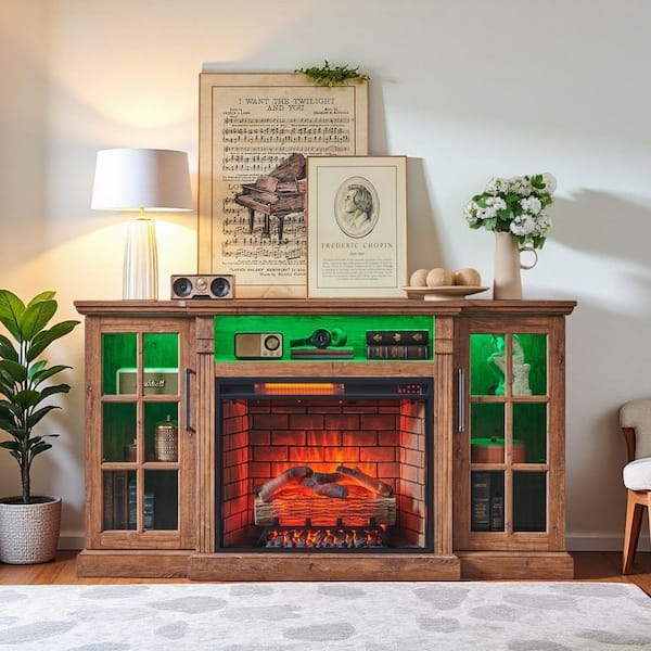 65 in. Freestanding Fireplace TV Stand with 28 in. Electric Fireplace and LED Light in Brown, for TVs up to 75 in.
