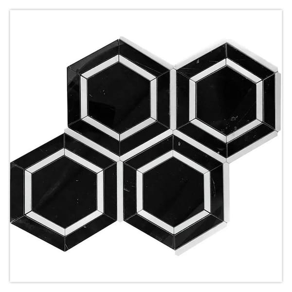 Noir Luxe 11 in. x 13 in. Polished Raven Black Marble Mosaic Hexagon Wall and Floor Tile (5.21 sq. ft./case)-5 Pack