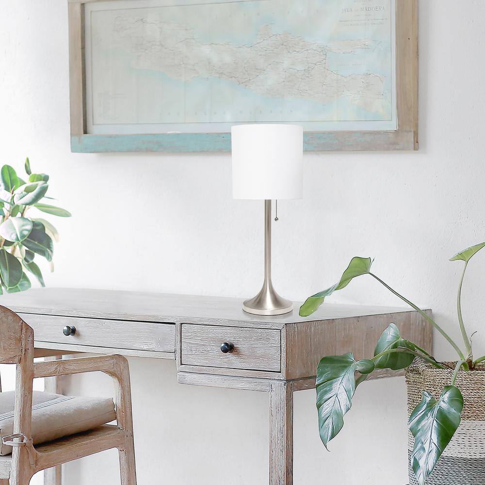 Brushed Nickel and White Tapered Table Lamp with Fabric Shade