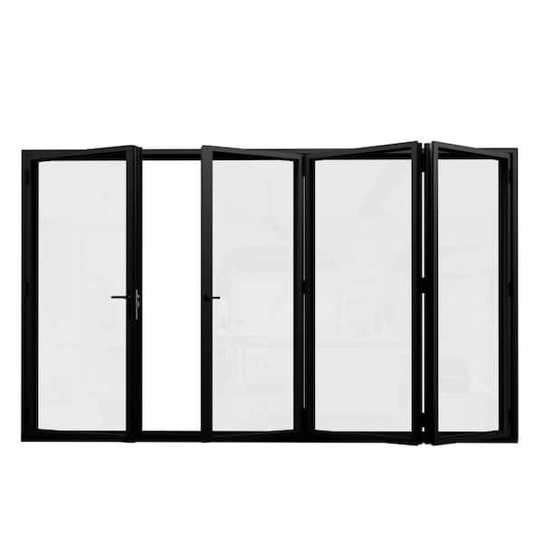 120 in. x 80 in. Right Swing/Outswing Double Tempered Glass Black Aluminum Folding Patio Door (3-Folding Plus 1-Swing)