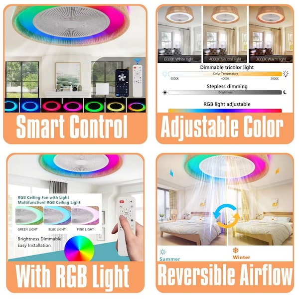 21 in. Brown Modern Rustic Indoor Ceiling Fan Light with LED RGB Mood Lighting, Rope Woven Design, Quiet Fan