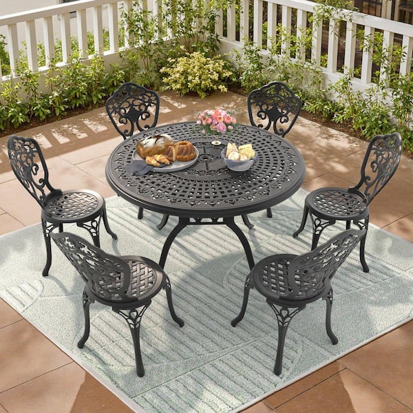 Orchid Black 7-Piece of Cast Aluminum Outdoor Patio Dining Set with 47.24 in. Round Table and Armless Chairs