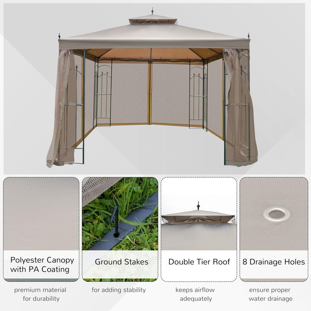 Large Brown Steel Outdoor Garden Gazebo with Mesh Curtains