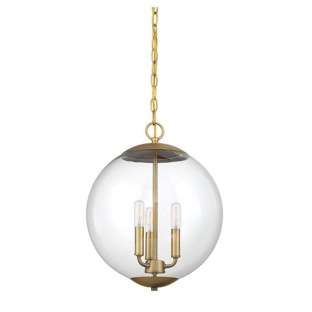 Contemporary Clear Glass Globe 3-Light Pendant in Natural Brass
