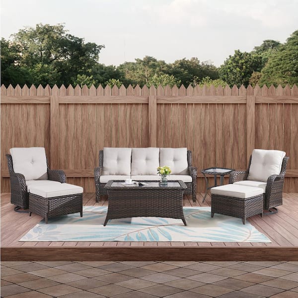 Opohoro Brown 7-Piece Wicker Patio Conversation Set with Swivel Rockers, Outdoor Sofa Seating Set with Olefin Beige Cushions