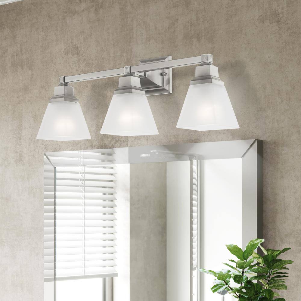 Brushed Nickel 3-Light Bathroom Vanity with Satin Glass Shades