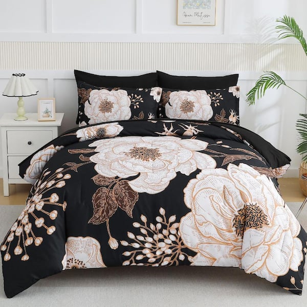Floral All Seasons 7 Pieces Polyester Bed in a Bag King Size Bedding Sets, White