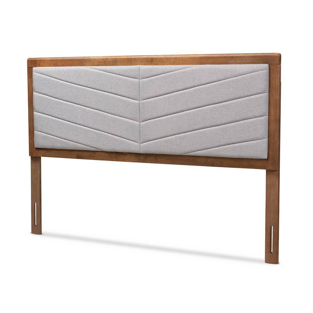 Light Grey Chevron Tufted Fabric and Walnut Wood Full Headboard