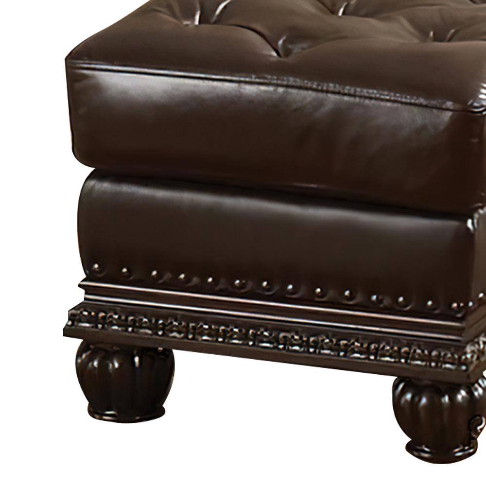 Espresso Brown Faux Leather Tufted Ottoman with Nailhead Trim