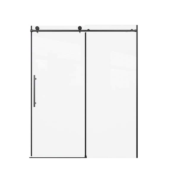 56-60 in. W x 74 in. H Sliding Semi-Frameless Soft Close Shower Door in Matted Black Finish with 5/16 in. Tempered Glass