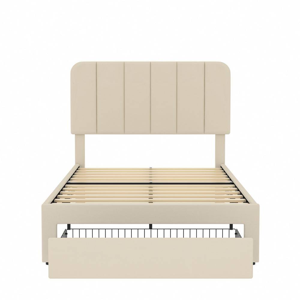 Platform Storage Bed Beige Metal Frame Twin Platform Bed with Velvet Upholstered Headboard & 1 Drawer