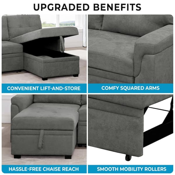 HOMESTOCK - 84.64 in. Velvet L-Shaped Sleeper Sectional Sofa with Square Arms in. Gray, Reversible Chaise, and Pull-out Sofa Bed