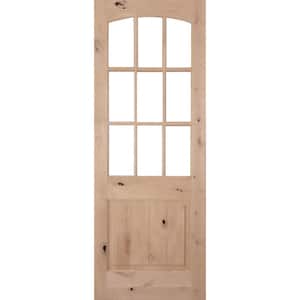 32 in. x 96 in. Rustic Knotty Alder Arch Top 9-Lite Clear Glass with V-Panel Unfinished Wood Front Door Slab