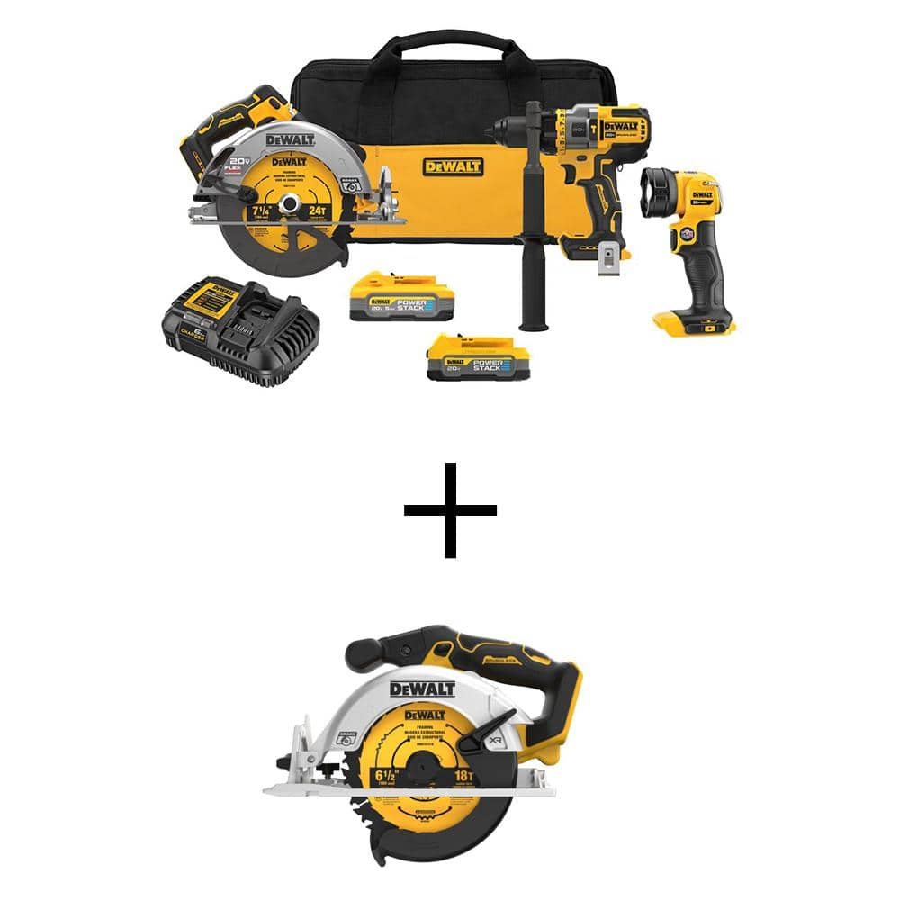 20V MAX Lithium-Ion Cordless 3-Tool Combo Kit and Brushless 6-1/2 in. Circular Saw with 5Ah Battery and 1.7Ah Battery -  DEWALT, DCK304E1H1W565B