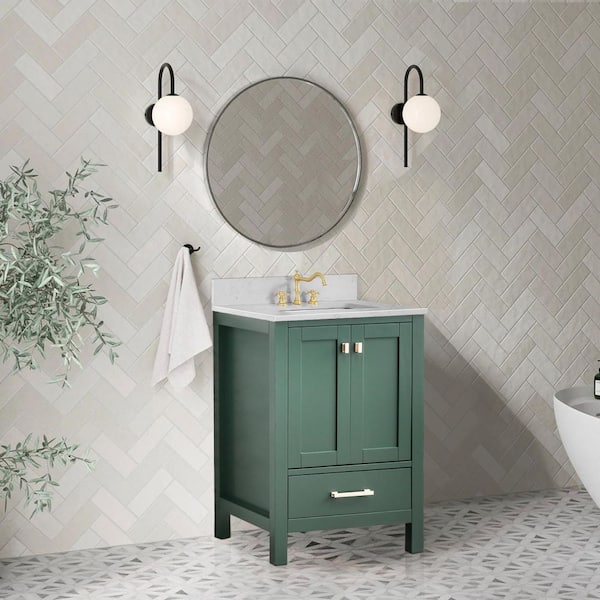 BathMist 24 in. Freestanding Green Bath Vanity with Pulsar White Engineered Stone Top Single Porcelain Sink Backsplash