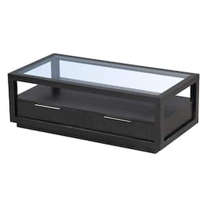 Black Solid Wood Outdoor Coffee Table with 2 Drawers Transparent Tempered Glass Open Storage Shelf for Living Room