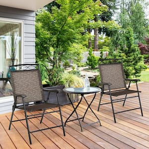 Black Folding Metal Outdoor Dining Chair in Brown Seat (2-Pack)
