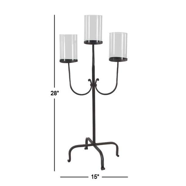 Black Iron 3-Light Hurricane Candelabra with Glass Shades