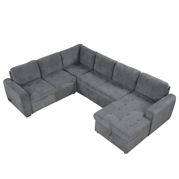Gray U-shaped Corduroy Queen Size Sectional Sofa Bed with a Storage Chaise Lounge, Charging Devices