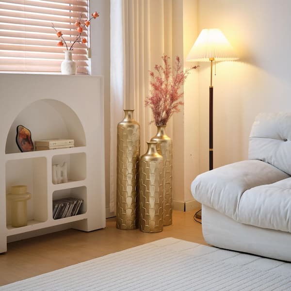 25 in. /29 in. /34 in. White Metal Vase Trio, Glam Home Decor Cylinder Floor Vases w/ Gold Accents & Triangle Embossing