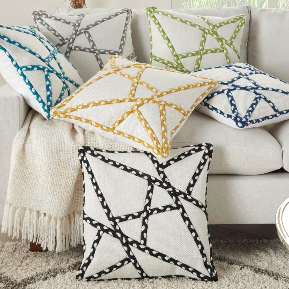 Yellow and Ivory Geometric Embroidered Outdoor Throw Pillow, 18" x 18"