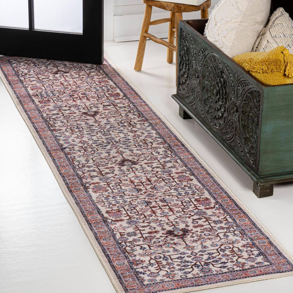 Kemer Persian Chenille Beige/Red/Blue 2' x 8' Washable Runner Rug