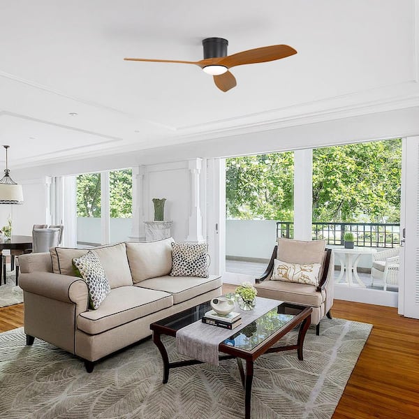 52 in. Smart Indoor Black Flush Mount Standard Ceiling Fan with Dimmable and Remote, Low Profile Fans for Living Room