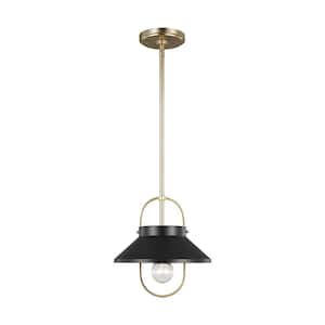 Dormer 1-Light Matte Black Pendant with Metal Shade and Satin Brass Accents