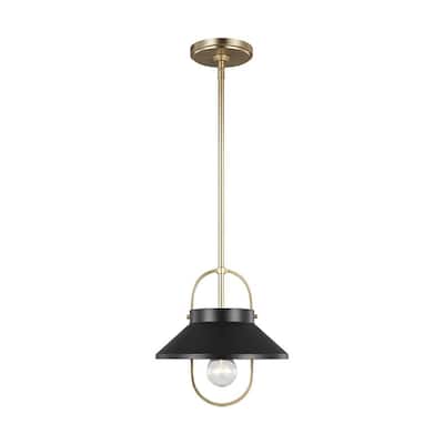Dormer 1-Light Matte Black Pendant with Metal Shade and Satin Brass Accents