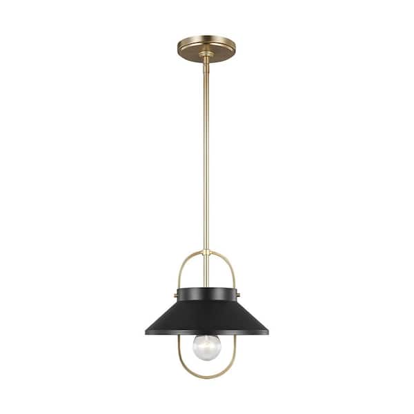 Generation Lighting Dormer 1-Light Matte Black Pendant with Metal Shade and Satin Brass Accents