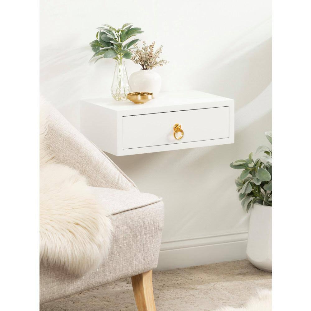 White and Gold Floating Wood Side Table with Drawer