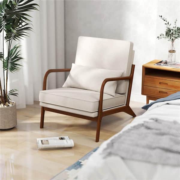 1 PCS Beige Modern Accent Chair Upholstered Leisure Armchair with Rubber Wood Armrests & Legs