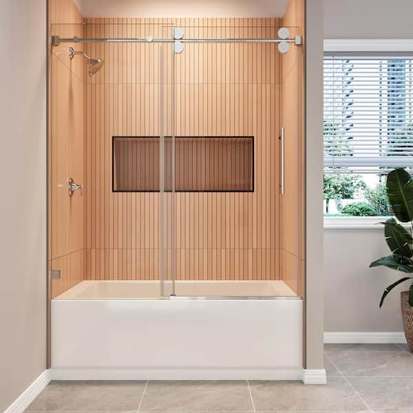 56-61 in. W x 66 in. H Single Sliding Frameless Tub Door in Chrome with 3/8 in. Clear SGCC Tempered Glass
