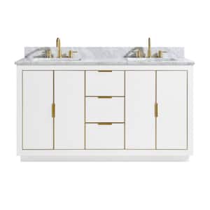 Austen 61 in. W x 22 in. D Bath Vanity in White with Gold Trim with Marble Vanity Top in Carrara White with White Basins