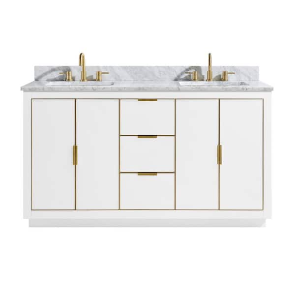 Austen 61 in. W x 22 in. D Bath Vanity in White with Gold Trim with Marble Vanity Top in Carrara White with White Basins