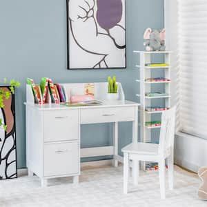 2-Piece Wood Top White Kids Study Desk with Drawer Storage Cabinet