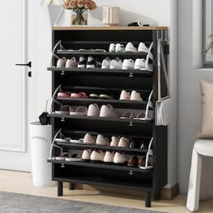 47.6 in. H x 31.5 in. W Black Shoe Storage Cabinet with Wood Grain Pattern Top, Flip Drawers, Hooks and Adjustable Panel