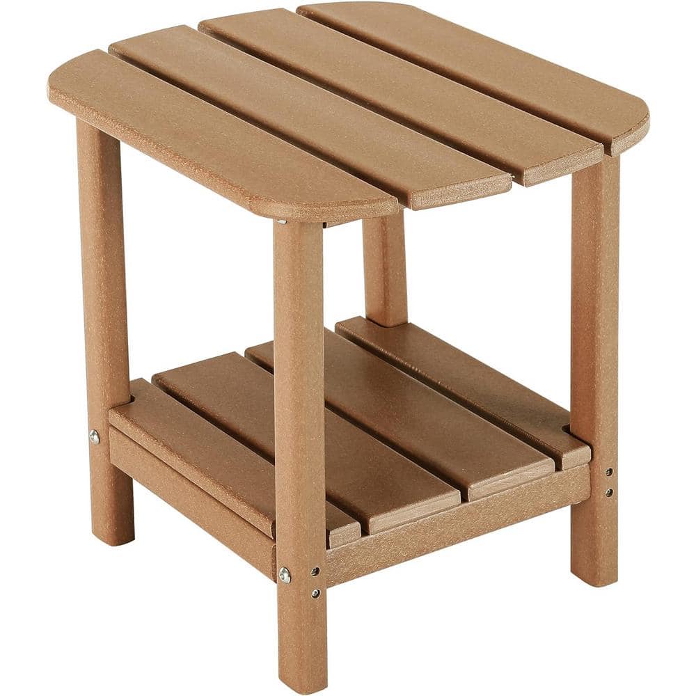 Teak Oval HDPE Outdoor Side Table with Storage Shelf