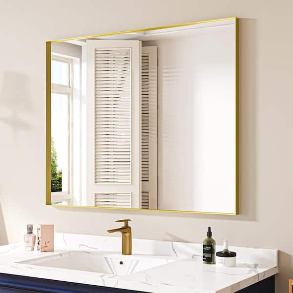 32 in. W x 40 in. H Rectangular Aluminum Framed Wall Bathroom Vanity Mirror in Brushed Gold