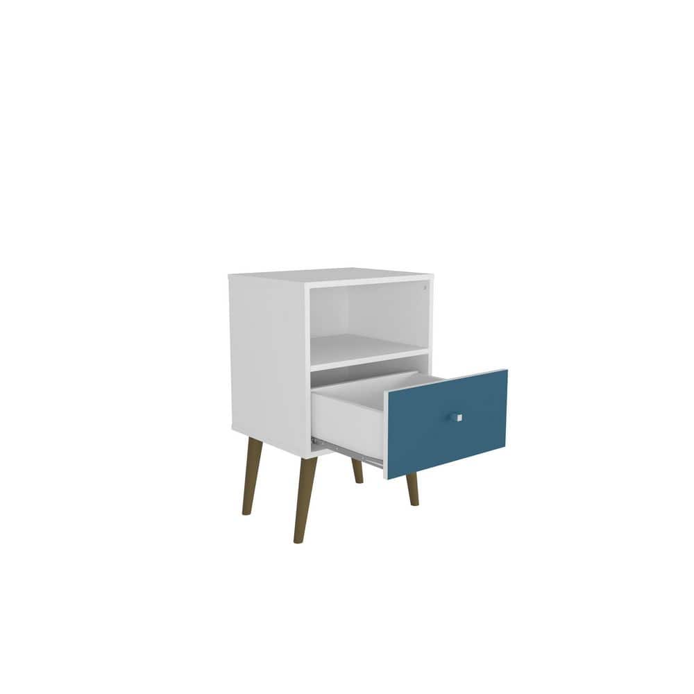 Liberty Mid-Century Modern White & Aqua Blue Nightstand with Drawer