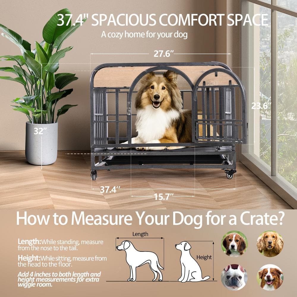 37-Inch Gray Rolling Heavy-Duty Dog Crate with Removable Trays
