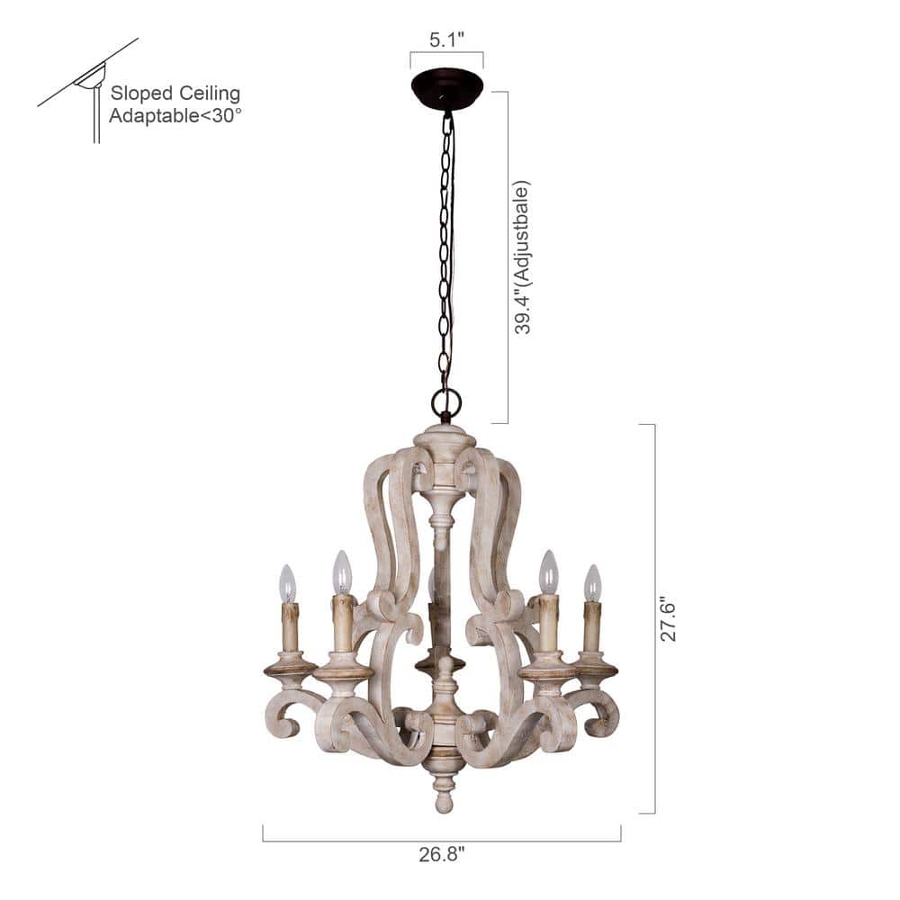 Distressed White 5-Light Wood Candle Chandelier