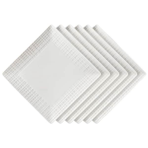 Square White Ceramic Dinner Plates with Flared Rim and Embossed Crisscross Design, Microwave Safe, 6-Pack