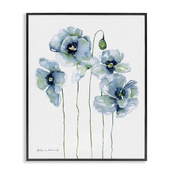 Modern Poppy Blooms Blue Abstract by Stephanie Workman Marrott Black Framed Giclee Art Print Nature 11 in. x 14 in.