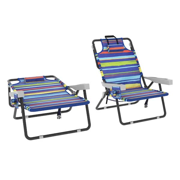2-Pack Backpack Beach Chairs Adjustable Folding Lounge Chairs with Pillow and Storage Bag, Multi-Color Stripe