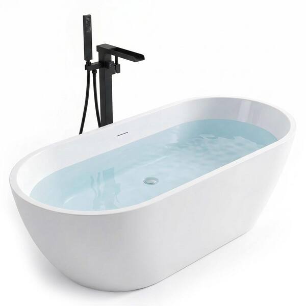 Mone 59 in. x 29 in. Flat Bottom Freestanding Soaking Bathtub in White with 2-Handle Matte Black Freestanding Faucet